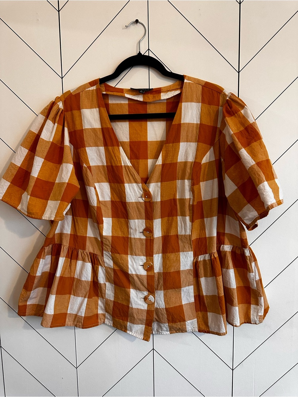 Plus Size ELOQUII Checked Peplum Top Mustard, Tan and White 100% Cotton